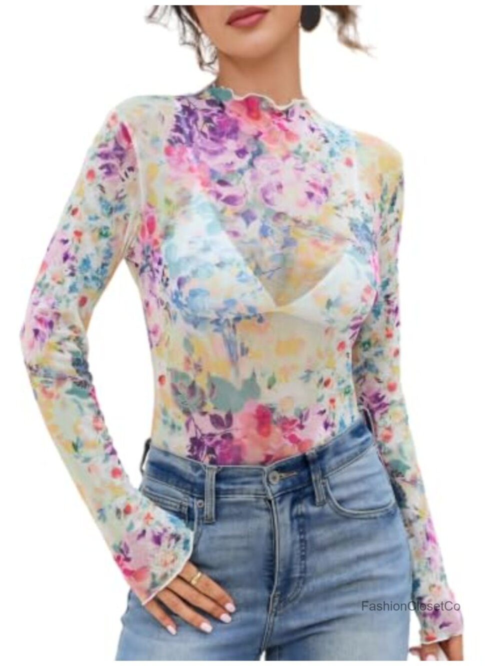 Women's Sheer Lace Mock Neck Long Sleeve Mesh Top Floral Ruffled Tee